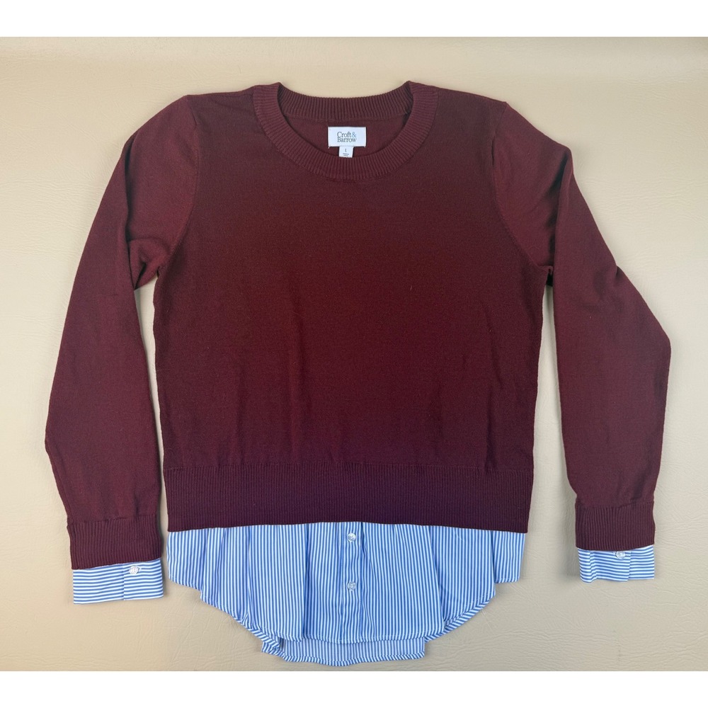 Layered Look Sweater Shirt Combo‎ Burgundy Striped Hem Top Women's L